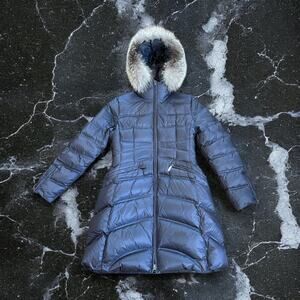 Dawn Levy Navy Puffer Coat with Fur Trim Hood